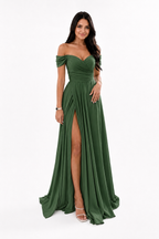 Off-Shoulder Ruched A-Line Evening Gown with Slit