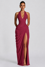 Burgundy deep V halter ruched high-slit evening gown