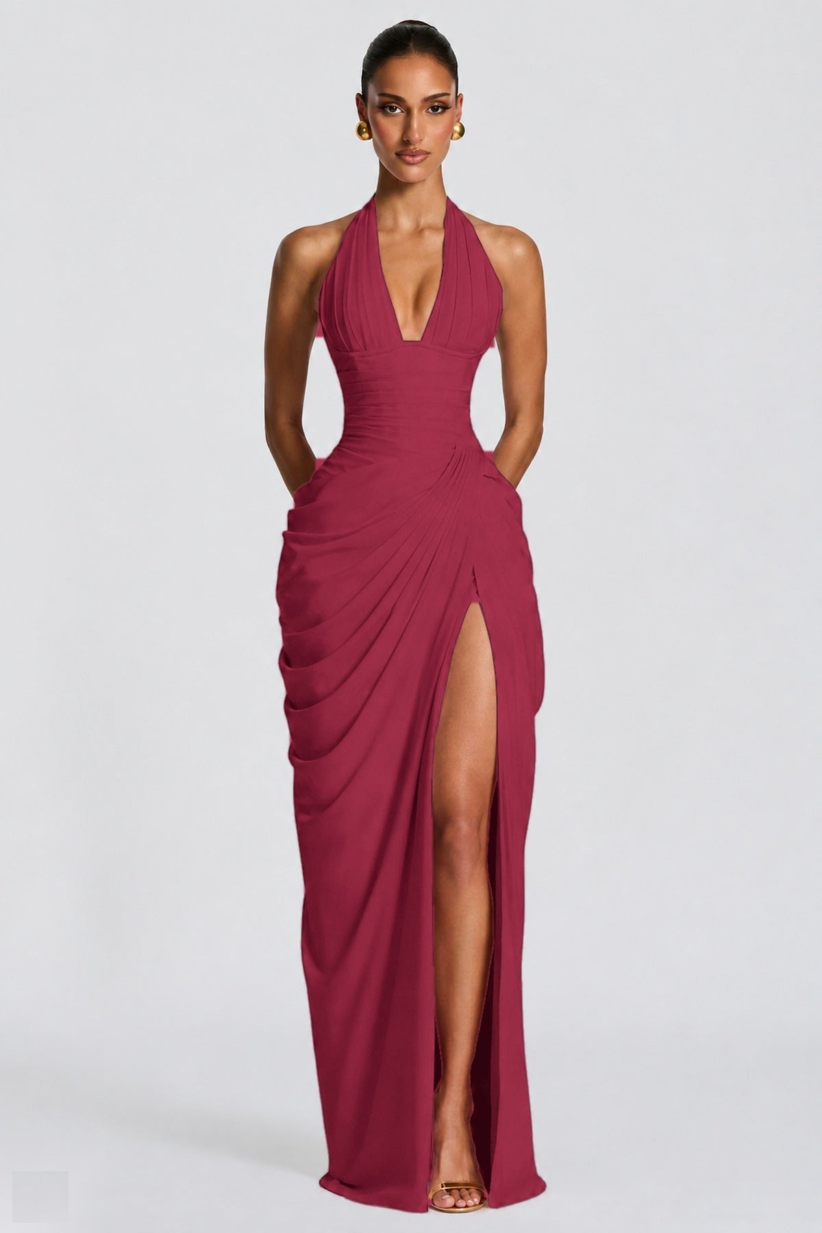 Deep V Halter Ruched High-Slit Evening Gown