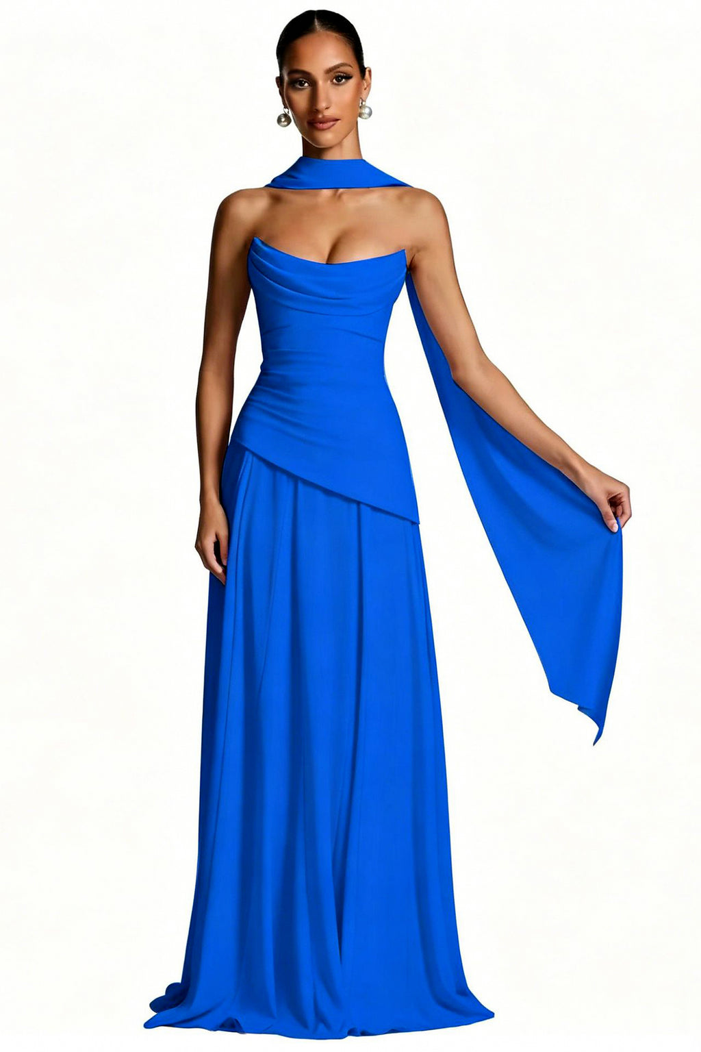 Scarf-Neck Ruched A-Line Evening Gown