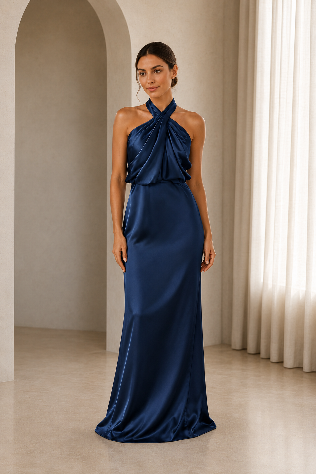 Asymmetric Draped Halter A-Line Evening Gown
