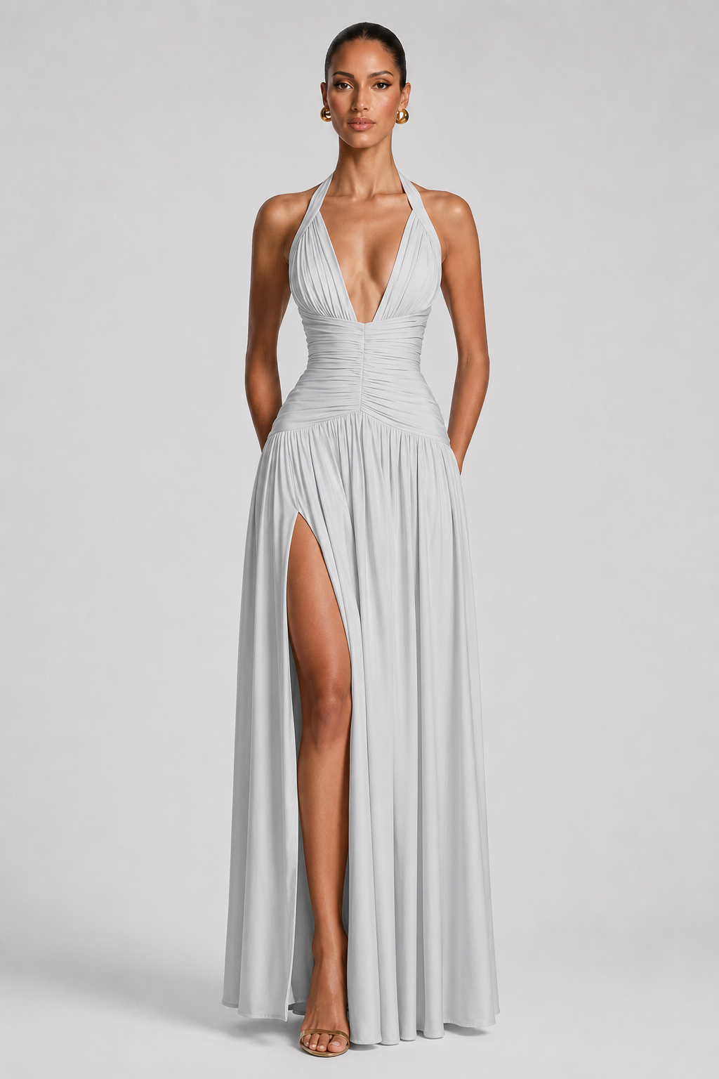 Deep-V Halter High-Slit A-Line Evening Gown