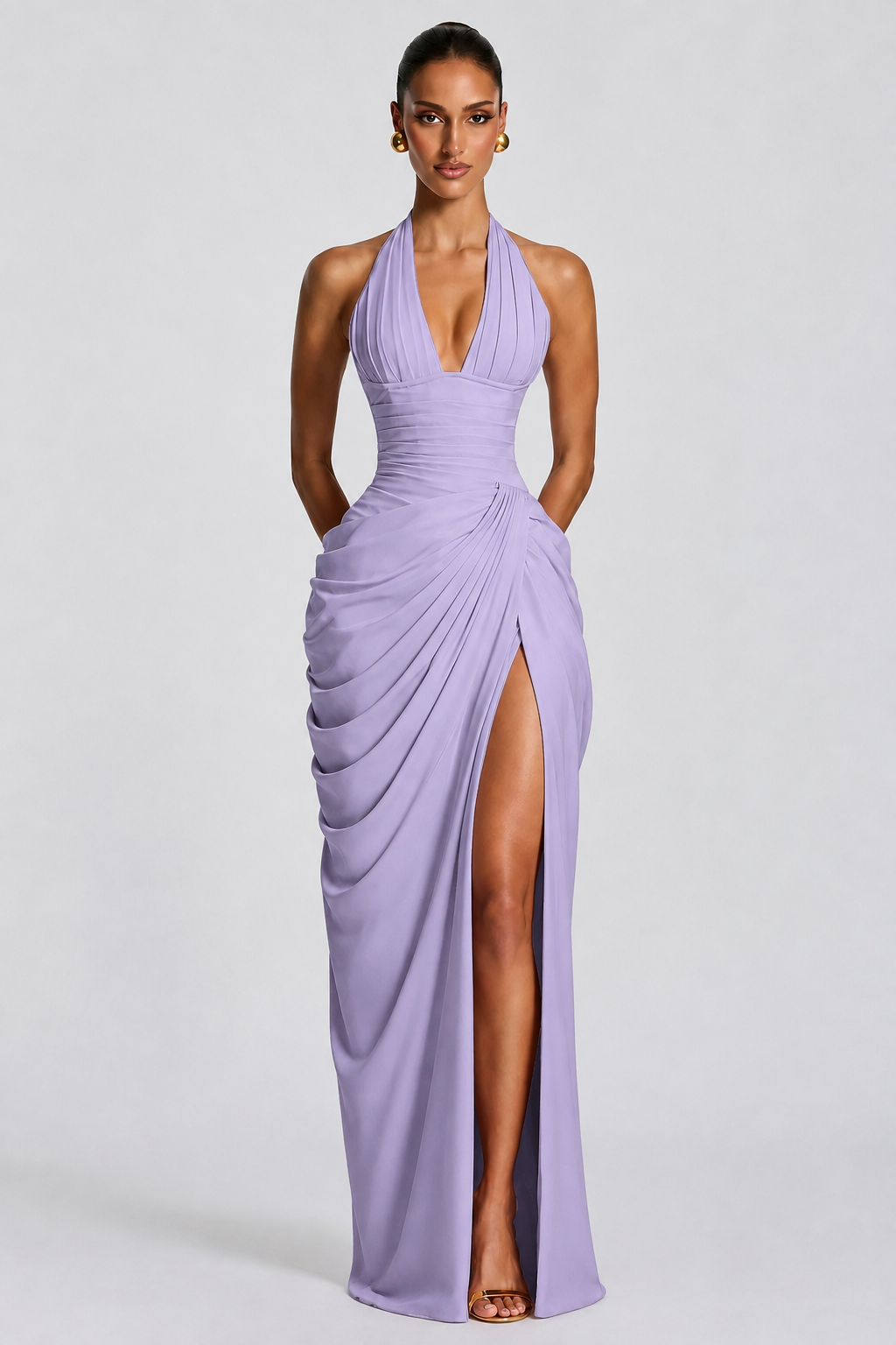 Deep V Halter Ruched High-Slit Evening Gown