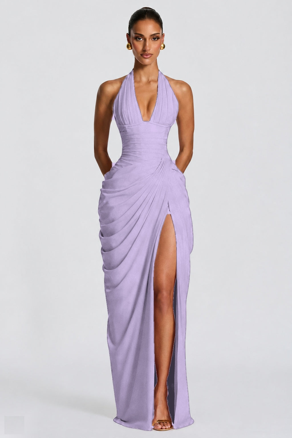 Deep V Halter Ruched High-Slit Evening Gown