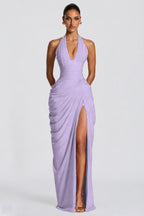 Deep V Halter Ruched High-Slit Evening Gown
