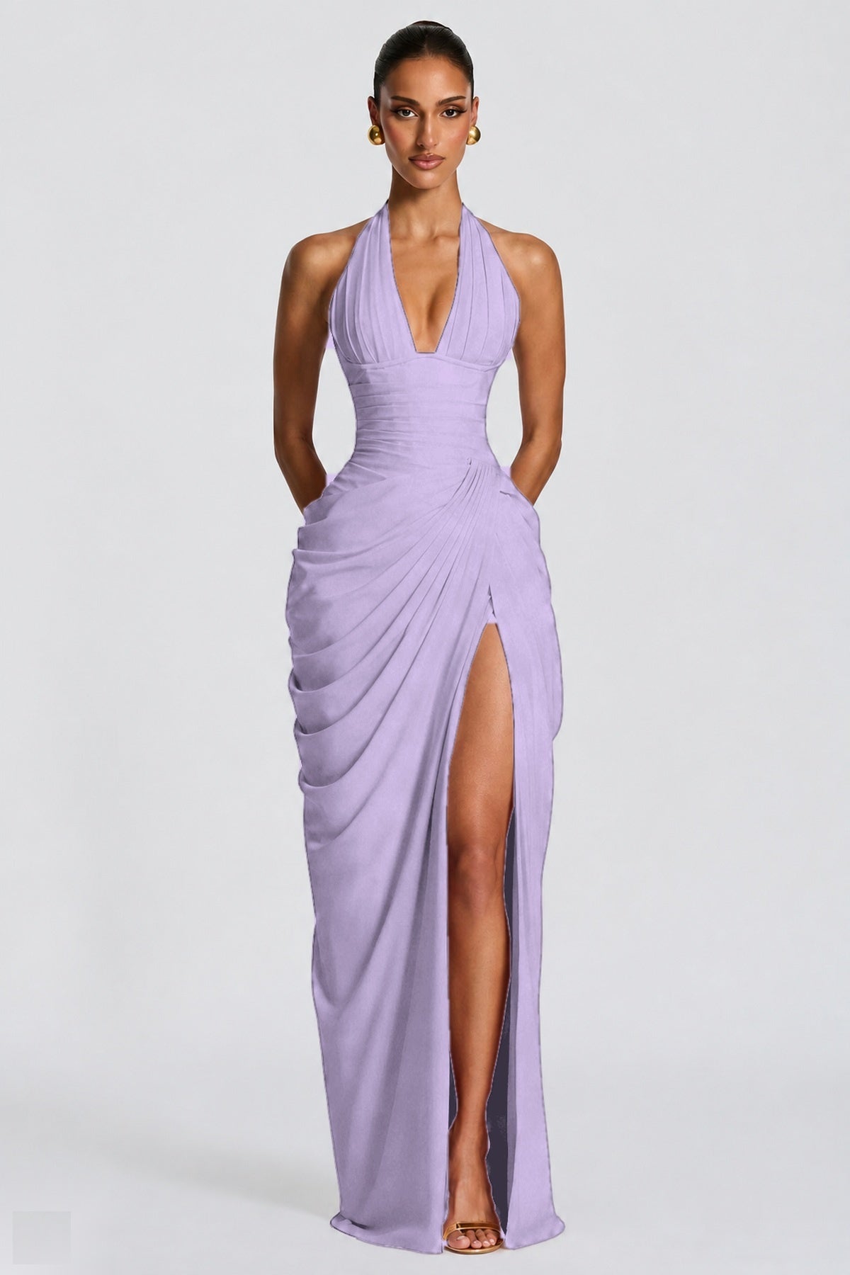 Deep V Halter Ruched High-Slit Evening Gown