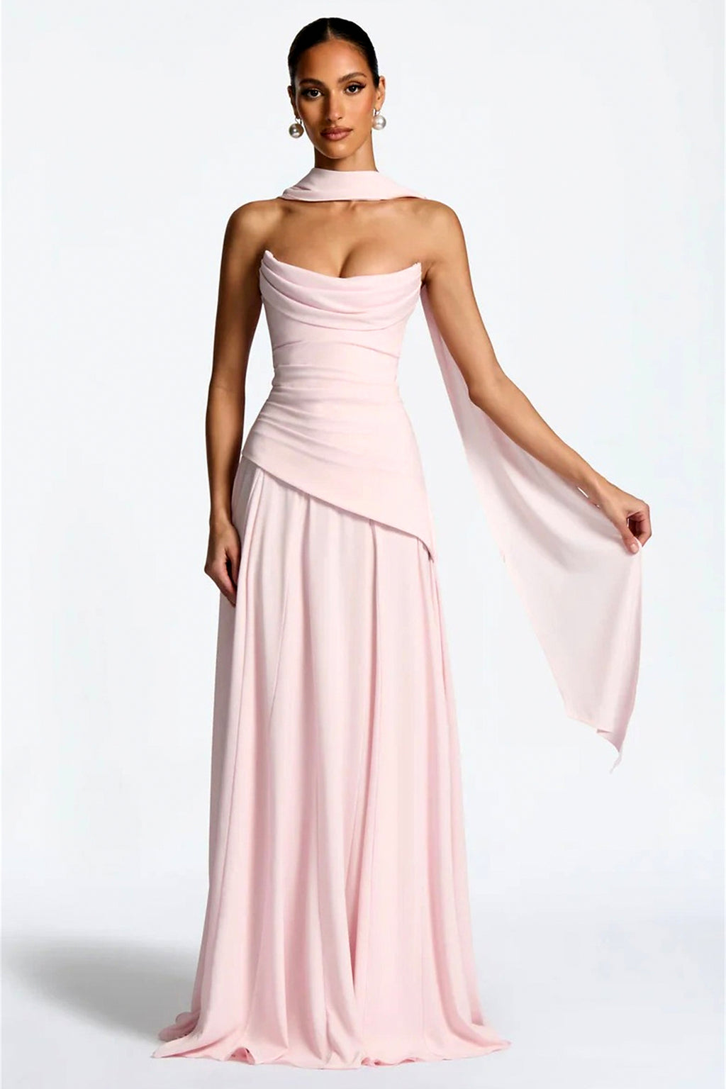 Scarf-Neck Ruched A-Line Evening Gown