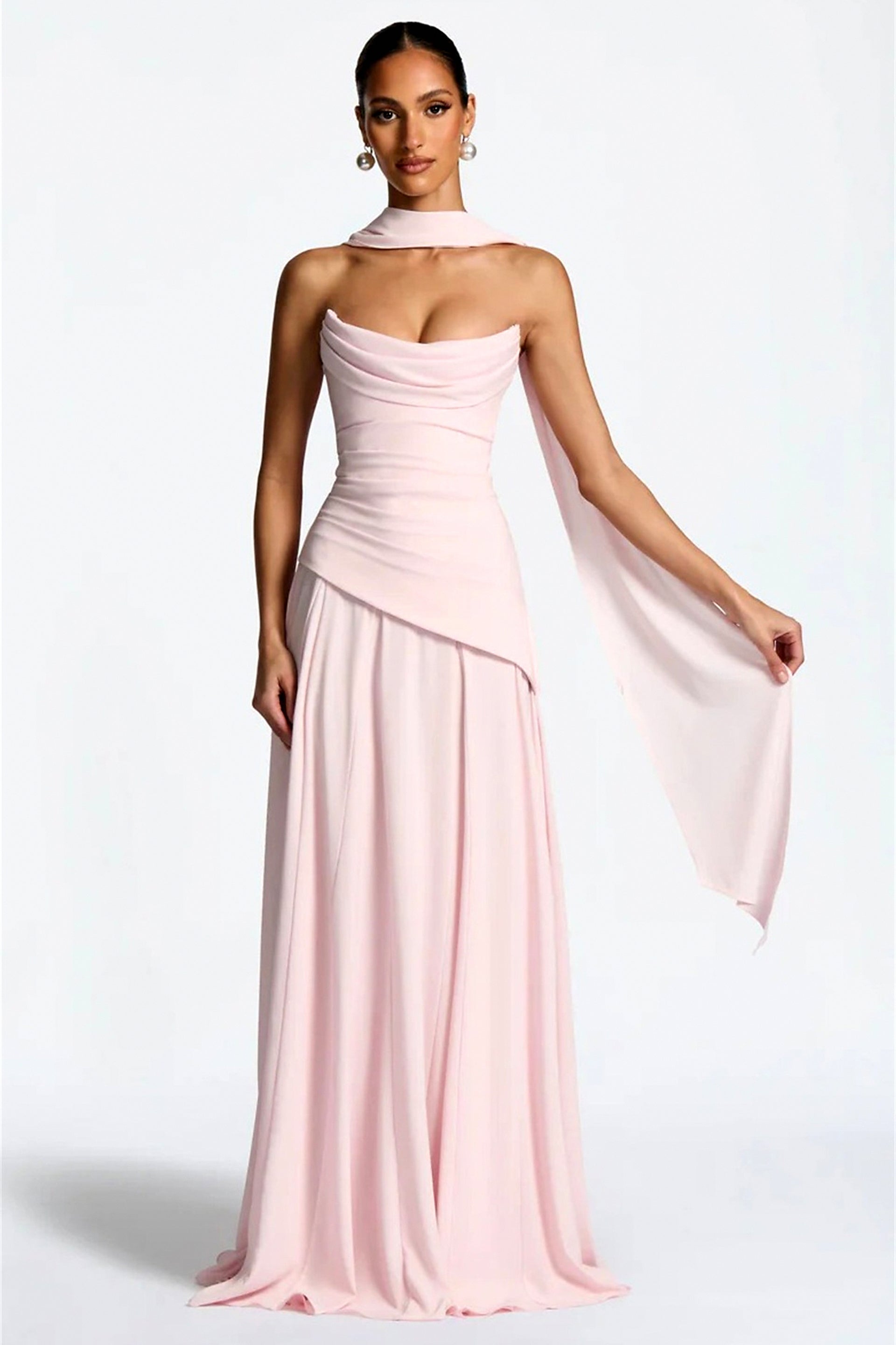 Scarf-Neck Ruched A-Line Evening Gown