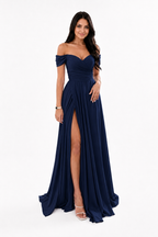 Off-Shoulder Ruched A-Line Evening Gown with Slit