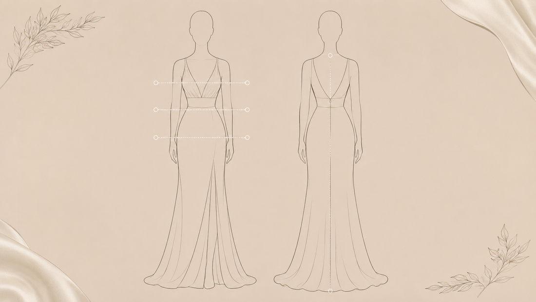 Elegant line illustration showing bust waist hips and hollow to hem measurement lines