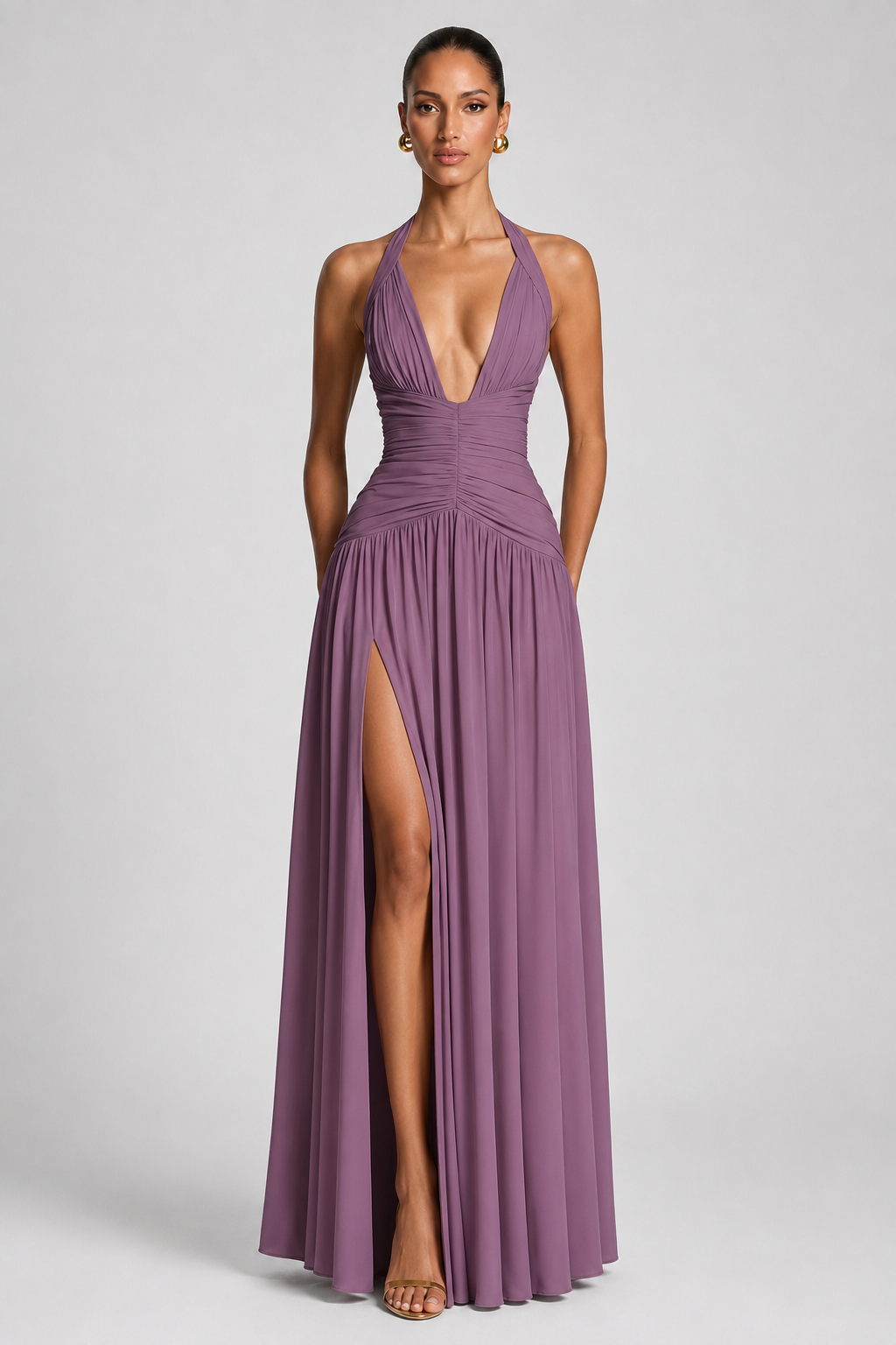 Deep-V Halter High-Slit A-Line Evening Gown