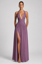 Deep-V Halter High-Slit A-Line Evening Gown