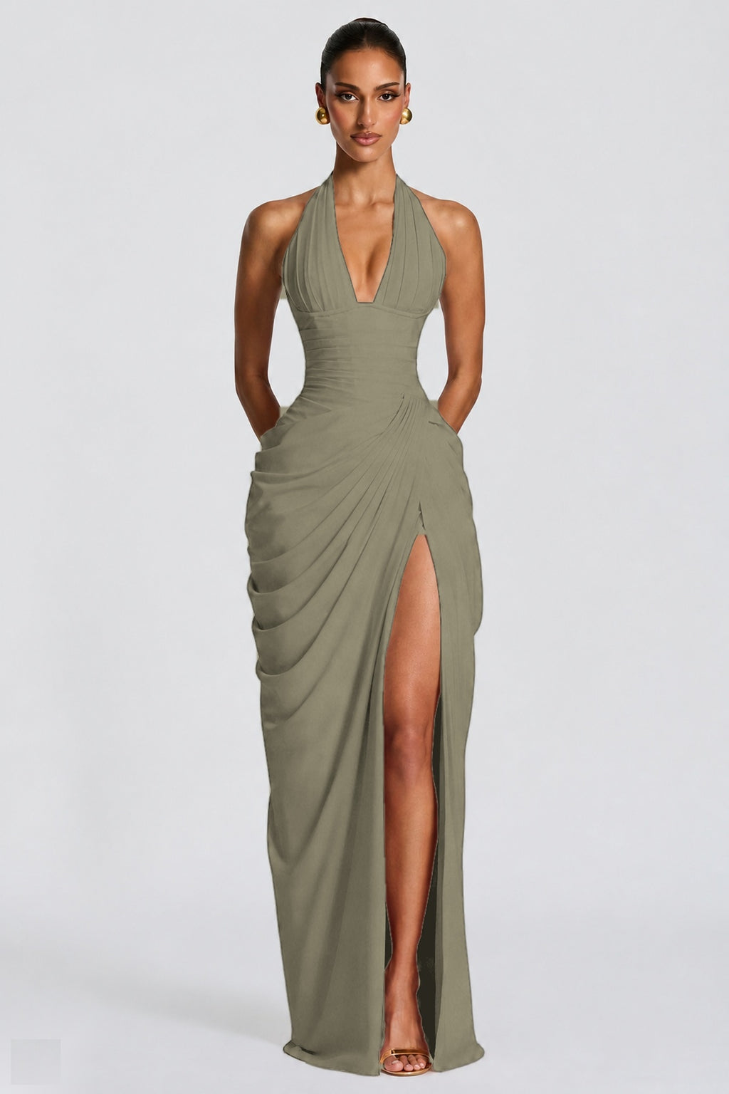Deep V Halter Ruched High-Slit Evening Gown