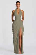 Deep V Halter Ruched High-Slit Evening Gown