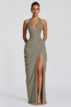 Olive taupe deep V halter ruched high-slit evening gown