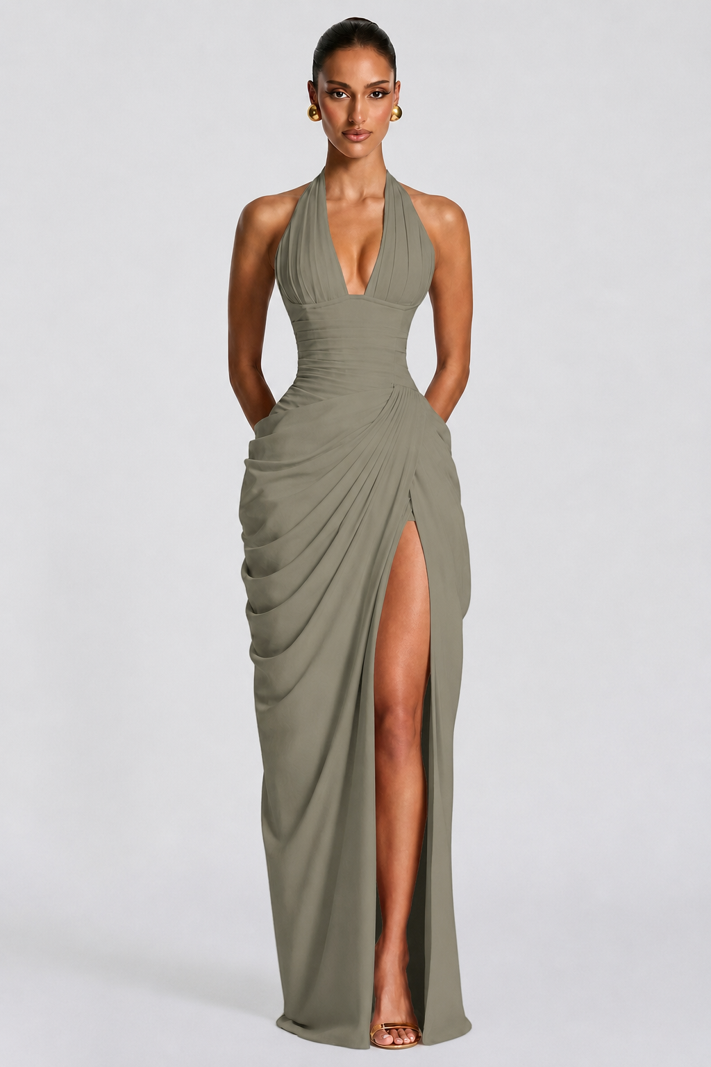 Deep V Halter Ruched High-Slit Evening Gown