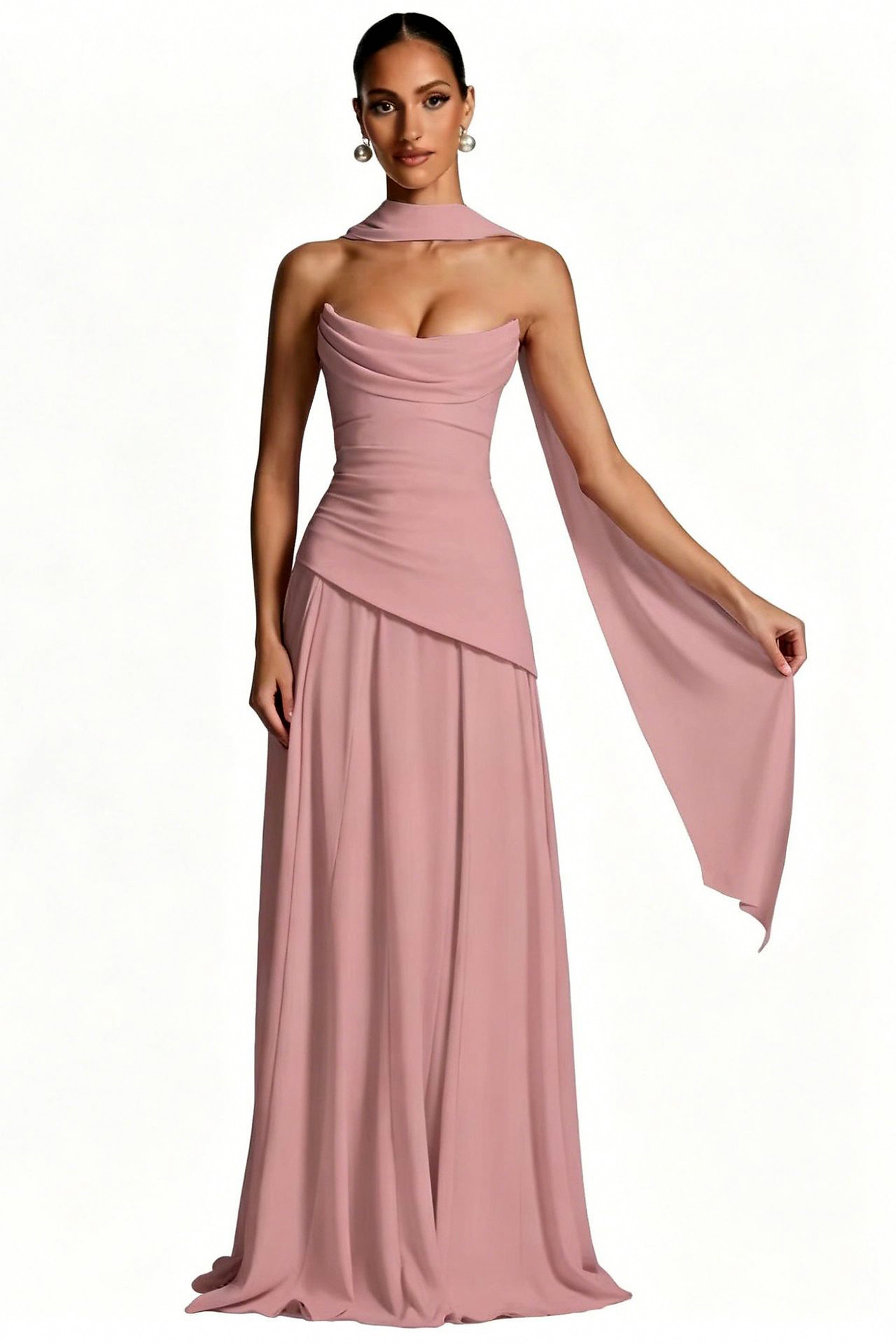 Scarf-Neck Ruched A-Line Evening Gown