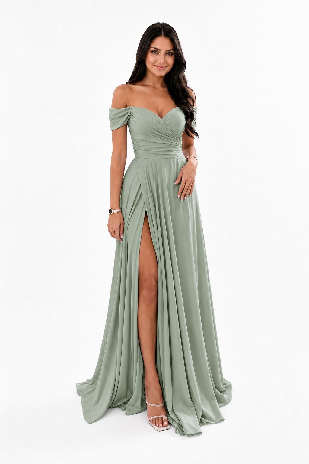 Off-Shoulder Ruched A-Line Evening Gown with Slit