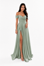 Off-Shoulder Ruched A-Line Evening Gown with Slit
