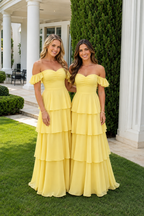 Ruffle-Sleeve Tiered Floor-Length Formal Gown