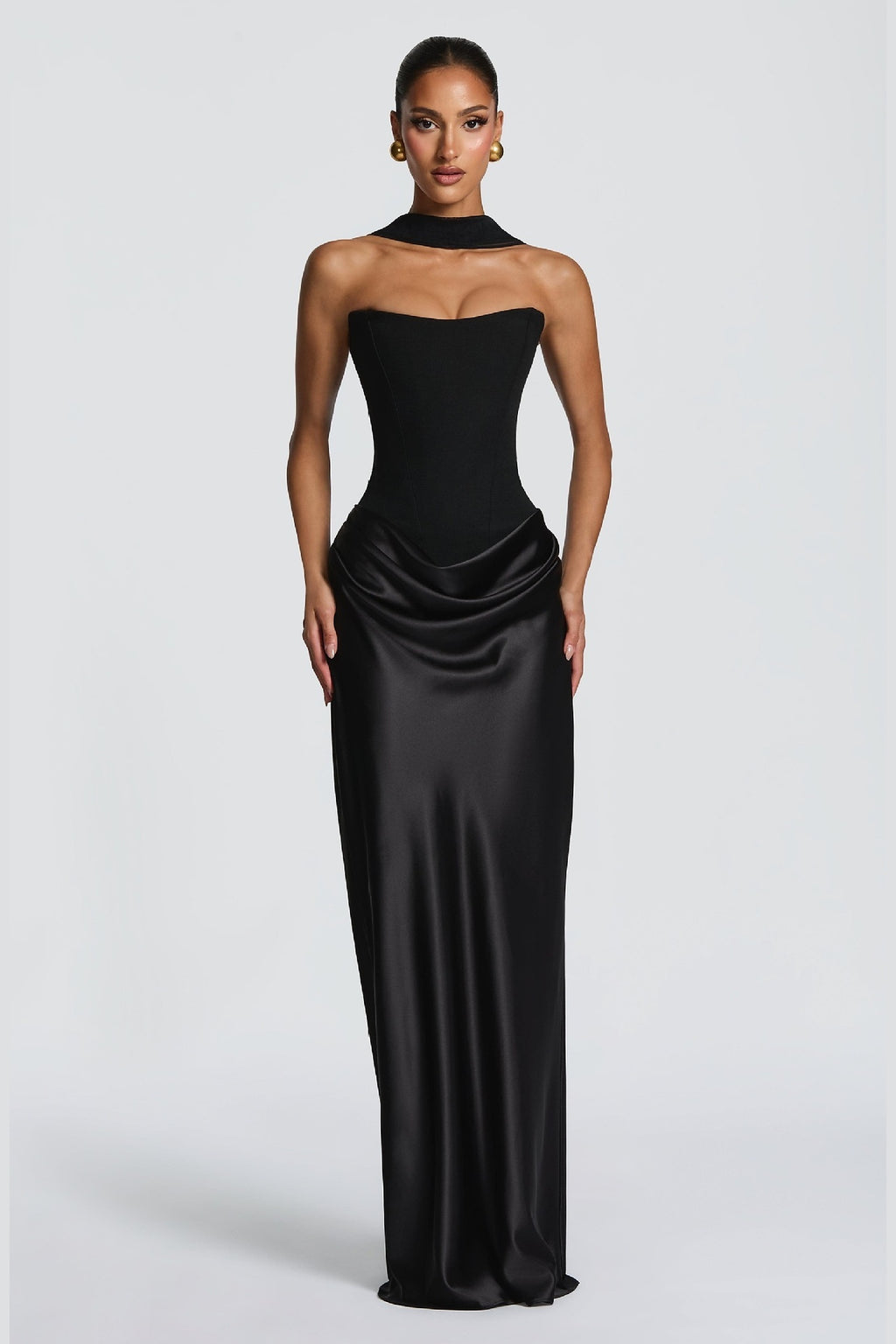 Strapless Draped Column Evening Gown