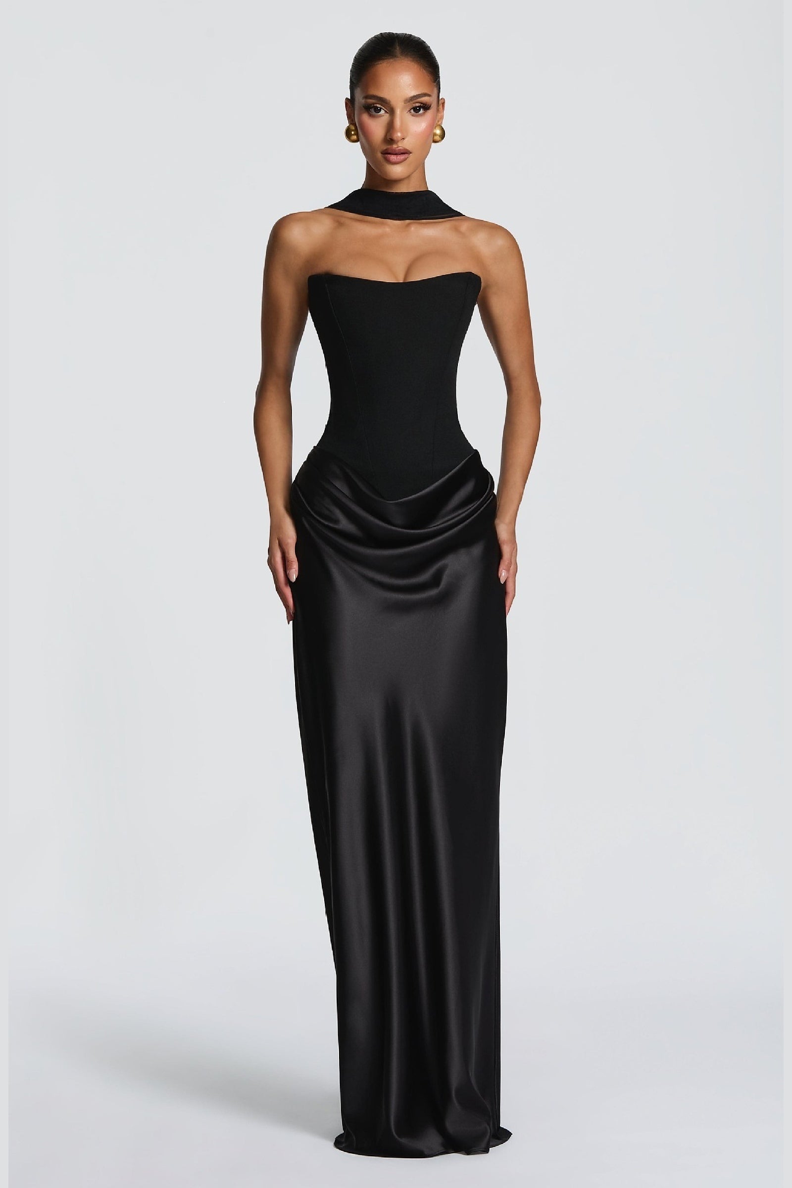 Strapless Draped Column Evening Gown