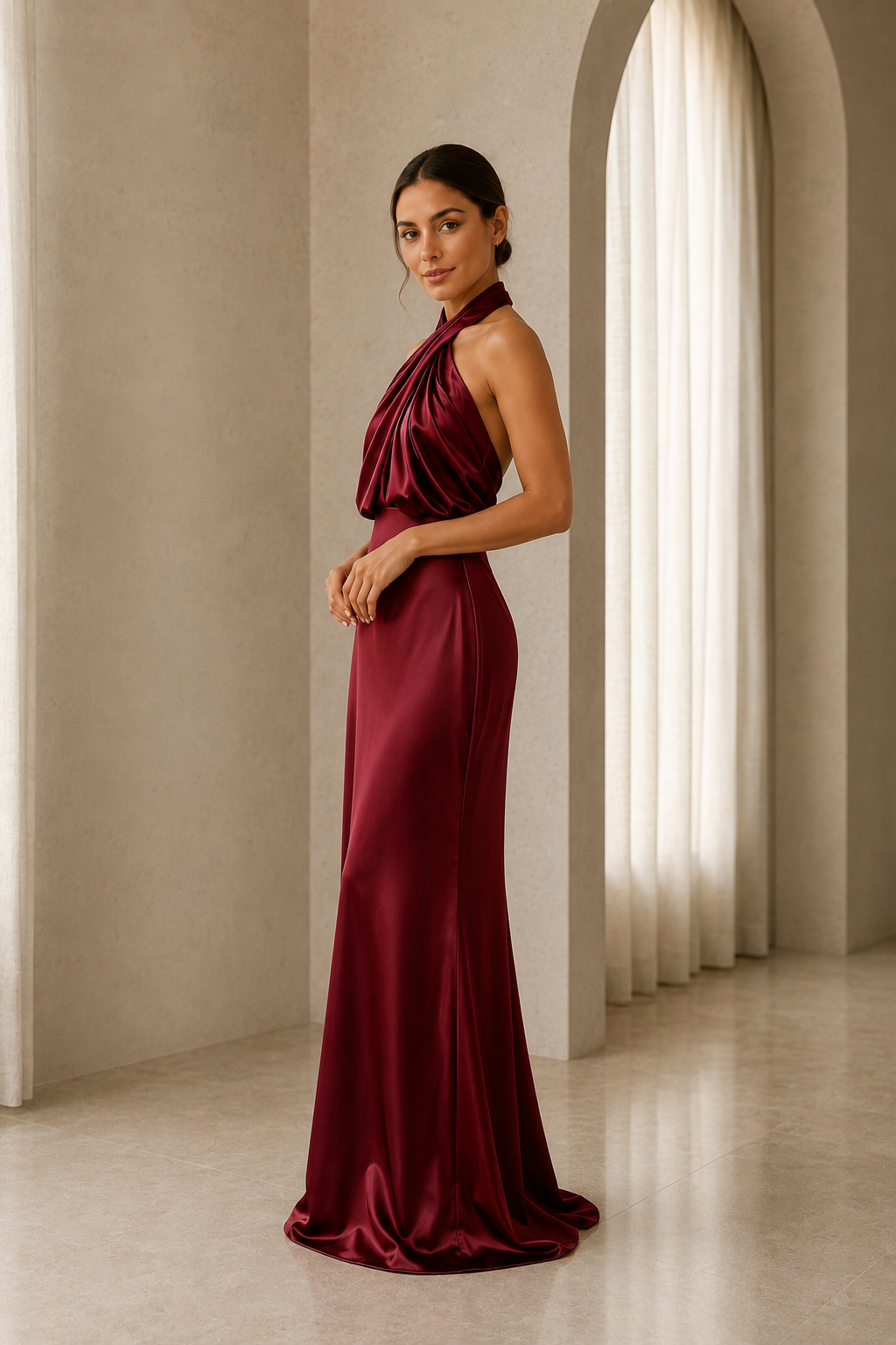 Asymmetric Draped Halter A-Line Evening Gown