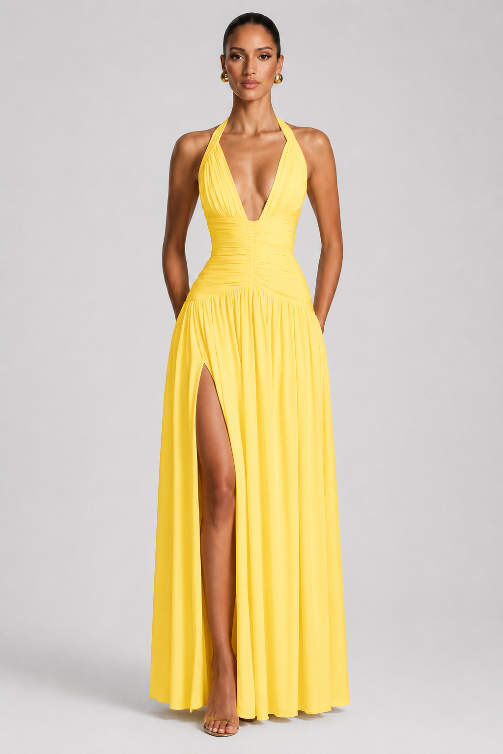 Deep-V Halter High-Slit A-Line Evening Gown