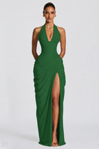 Deep V Halter Ruched High-Slit Evening Gown