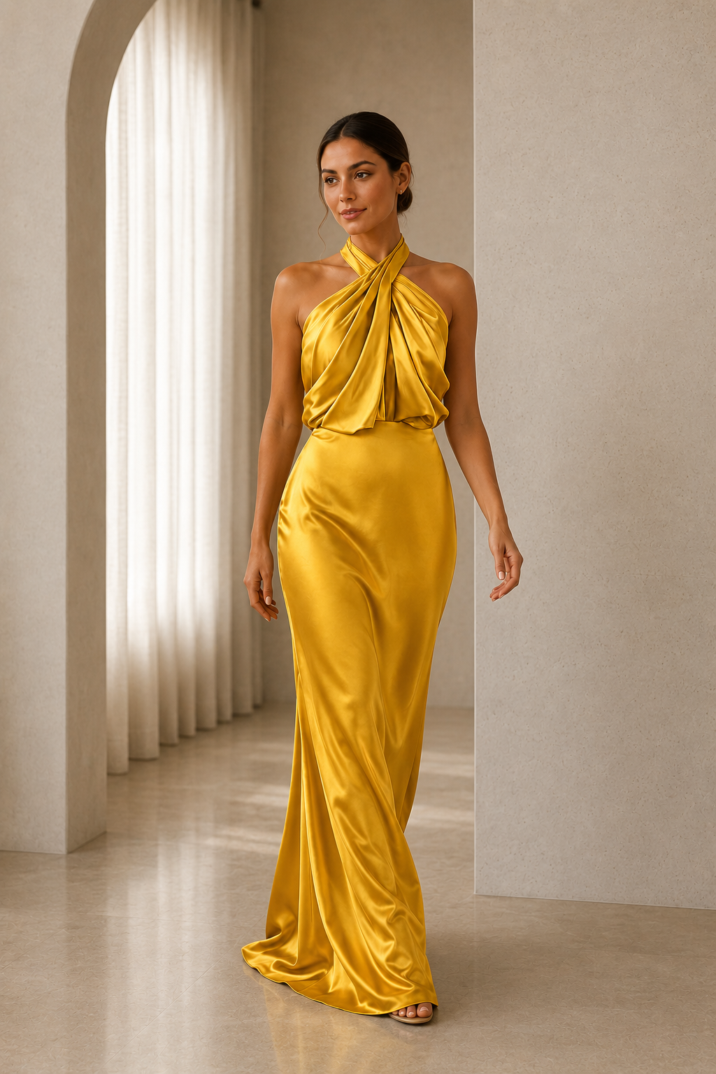 Asymmetric Draped Halter A-Line Evening Gown