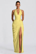 Deep V Halter Ruched High-Slit Evening Gown