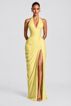 Butter yellow deep V halter ruched high-slit evening gown