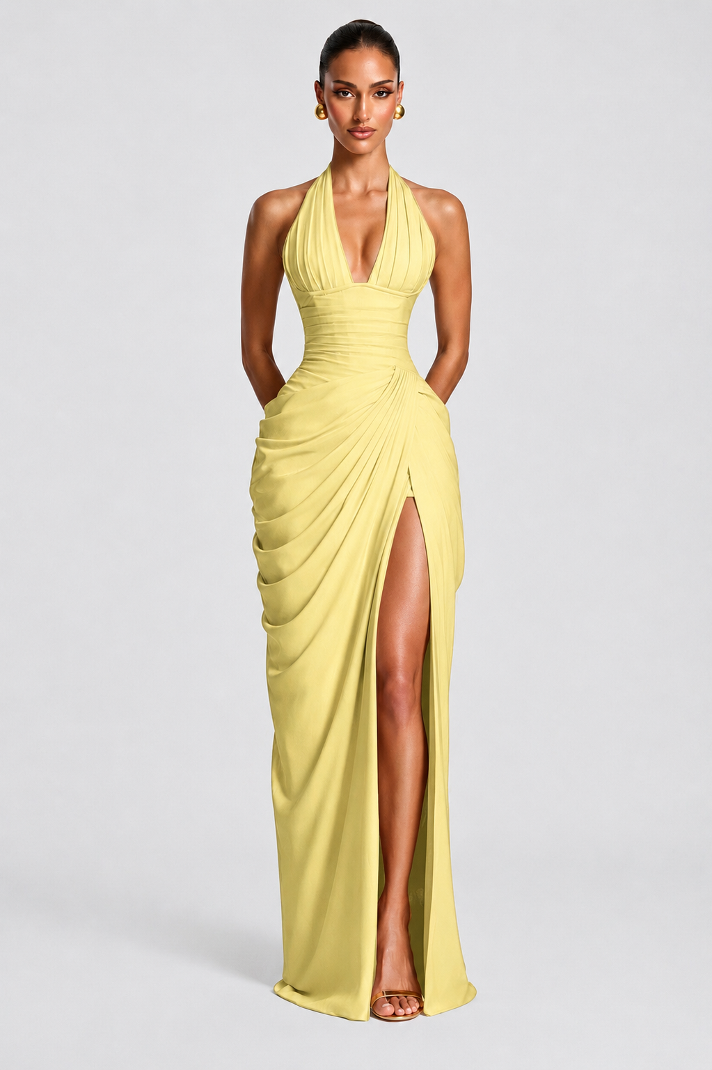Deep V Halter Ruched High-Slit Evening Gown
