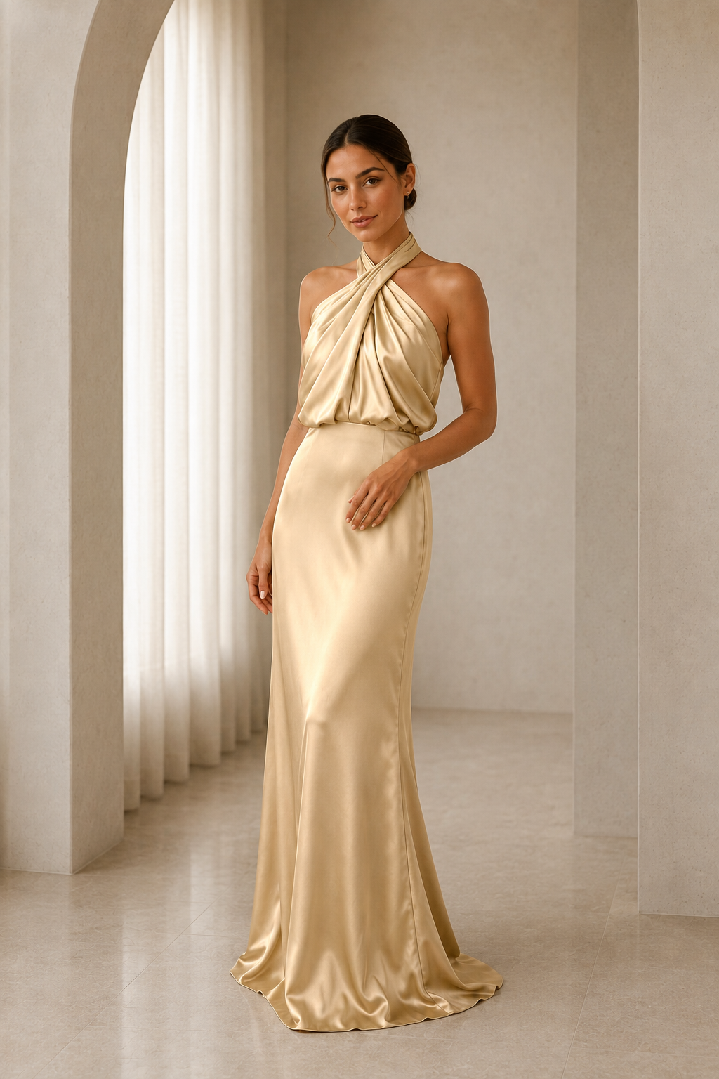 Asymmetric Draped Halter A-Line Evening Gown