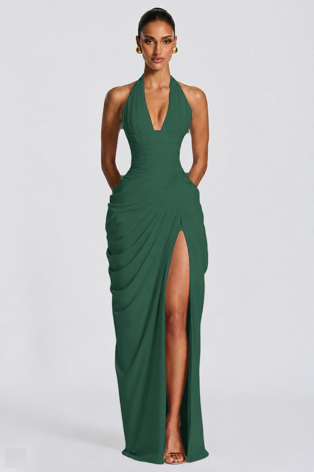 Deep V Halter Ruched High-Slit Evening Gown