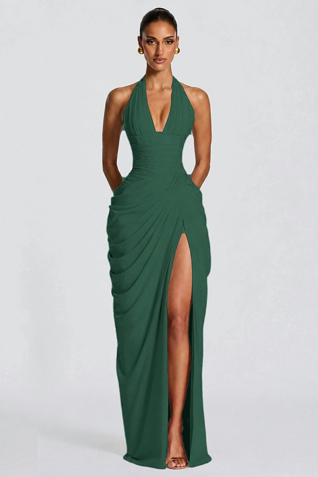 Deep forest green deep V halter ruched high-slit evening gown