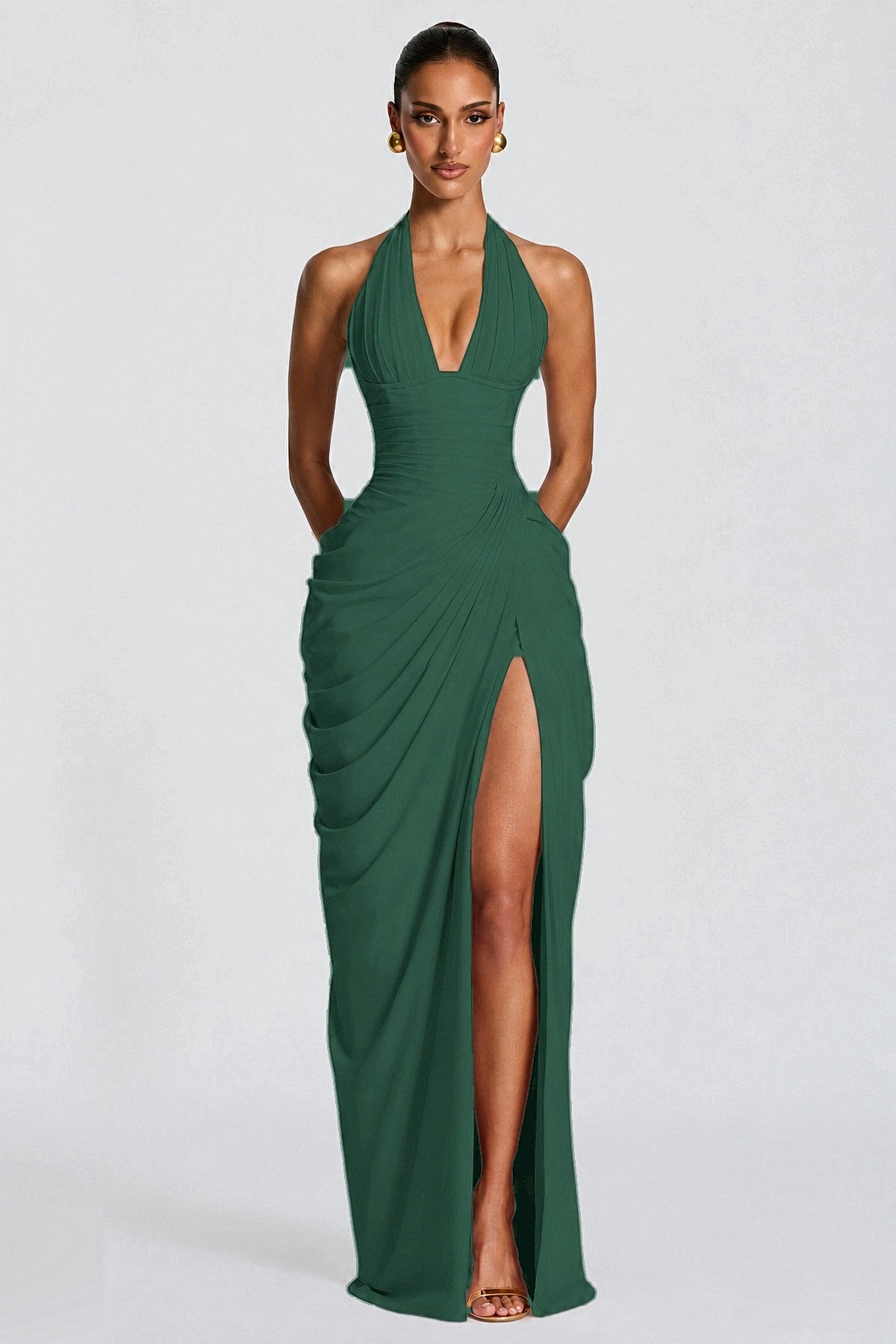 Deep V Halter Ruched High-Slit Evening Gown