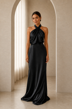 Black asymmetric draped halter A-line evening gown