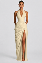 Soft gold deep V halter ruched high-slit evening gown