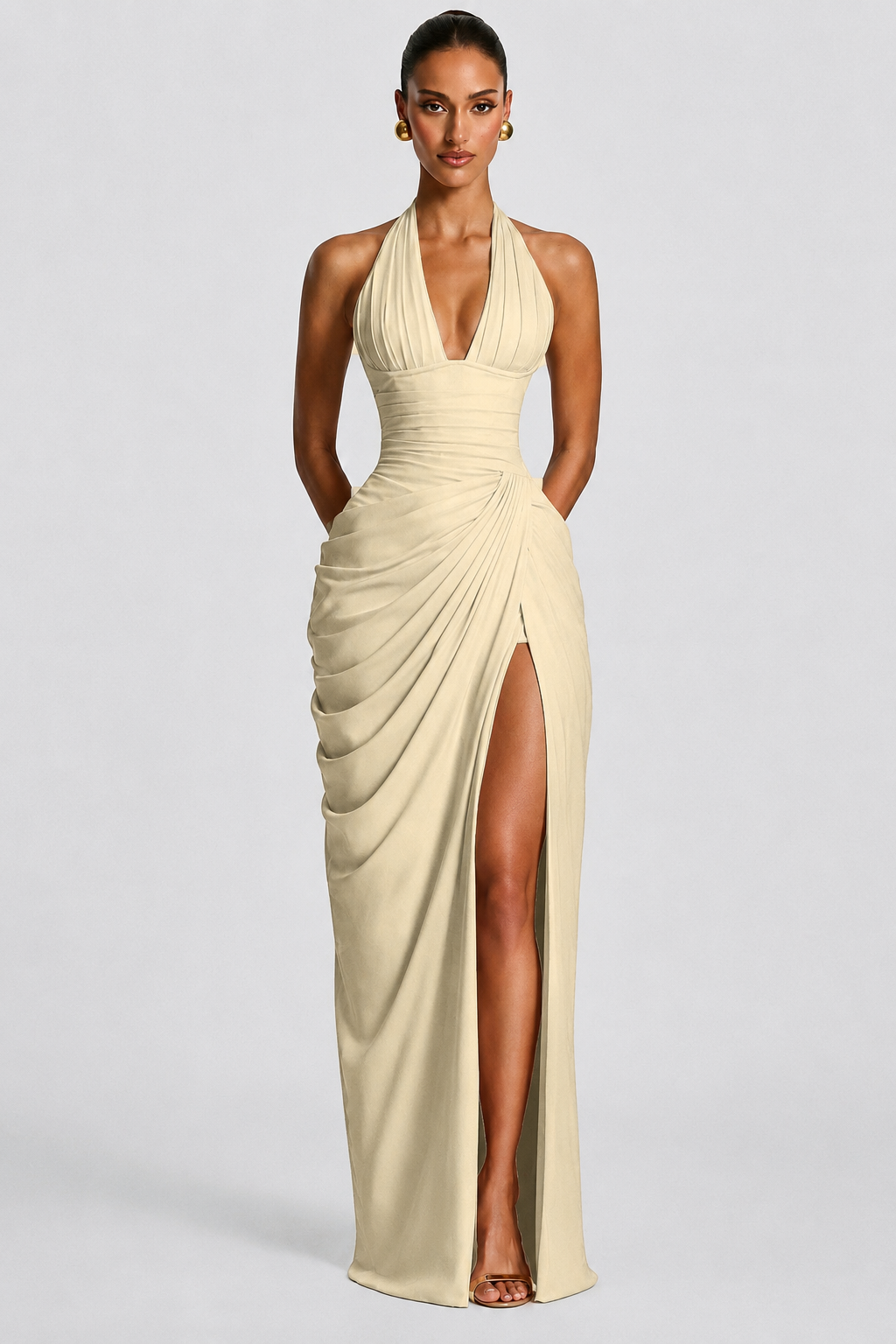 Deep V Halter Ruched High-Slit Evening Gown
