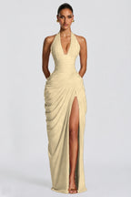Deep V Halter Ruched High-Slit Evening Gown