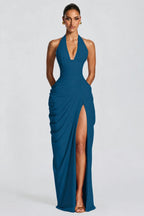 Teal blue deep V halter ruched high-slit evening gown