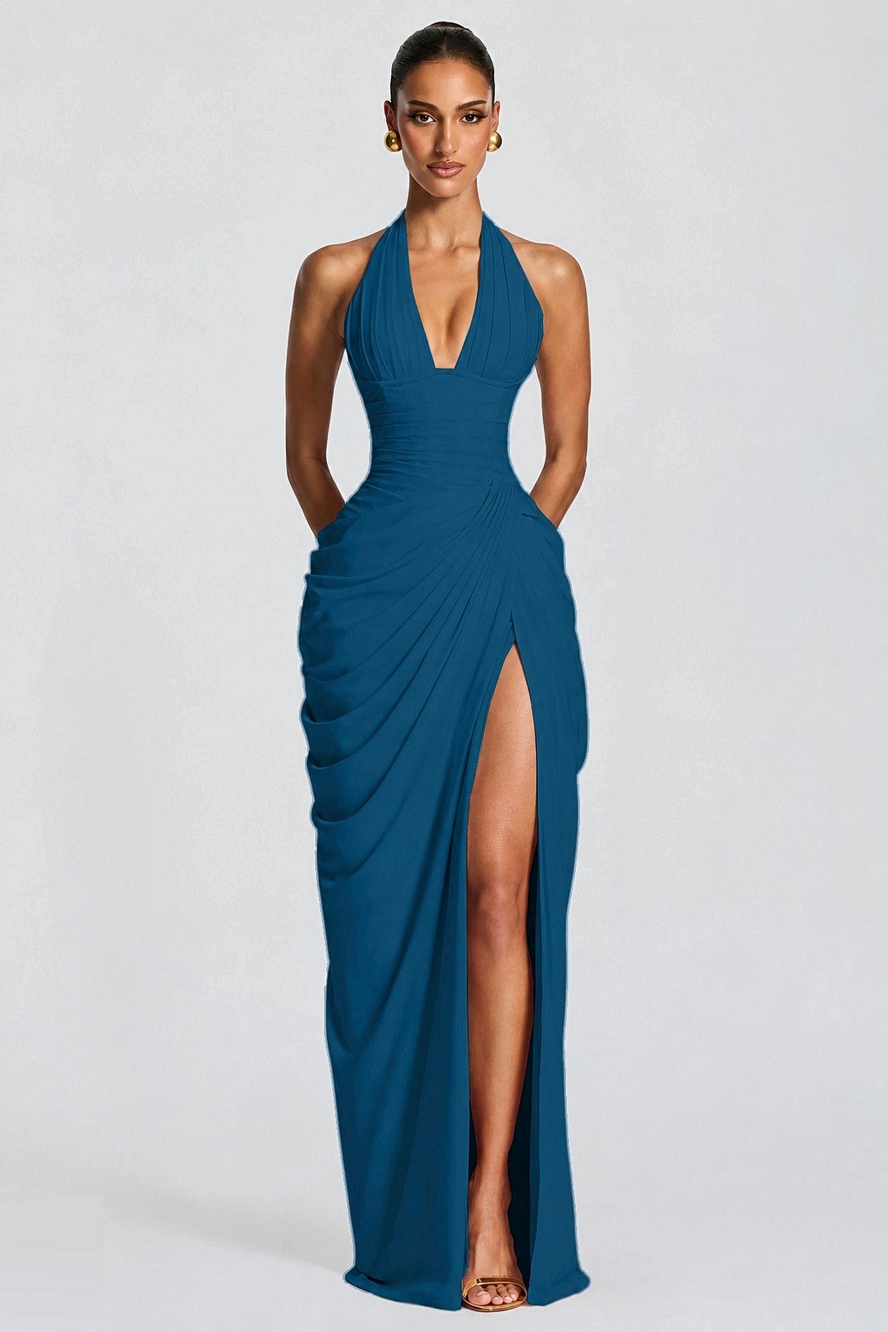 Deep V Halter Ruched High-Slit Evening Gown