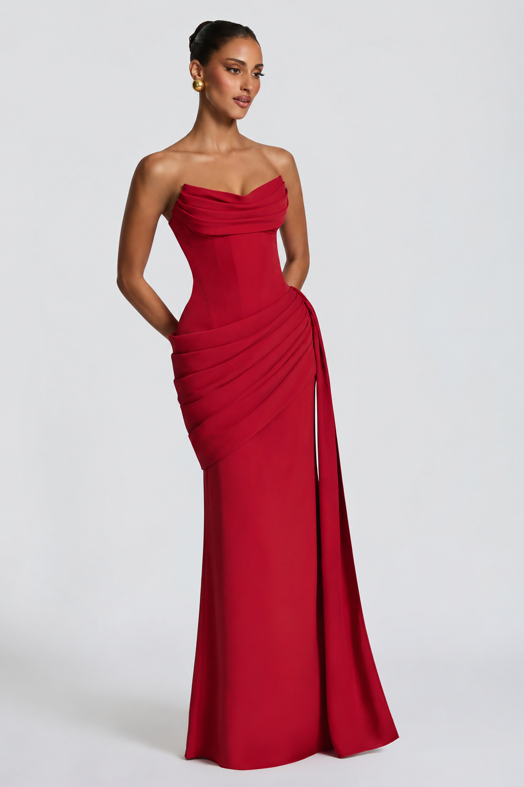 Strapless Draped Mermaid Evening Gown with Neck Scarf