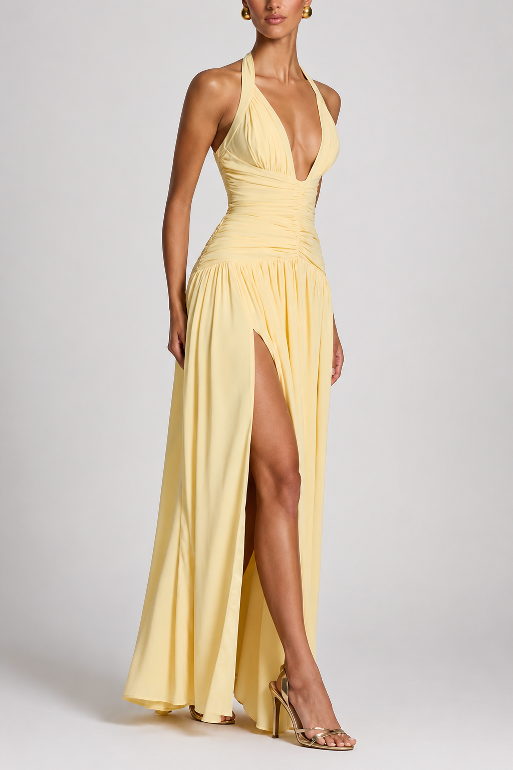 Deep-V Halter High-Slit A-Line Evening Gown