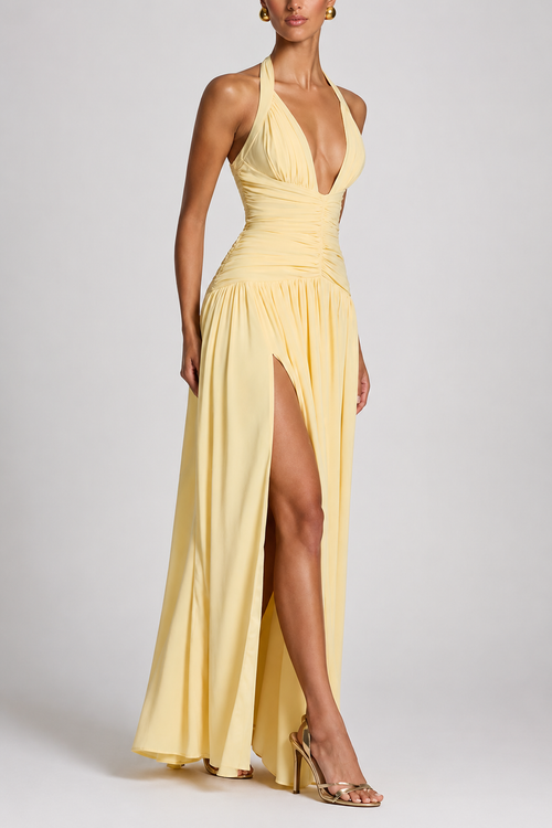 Deep-V Halter High-Slit A-Line Evening Gown