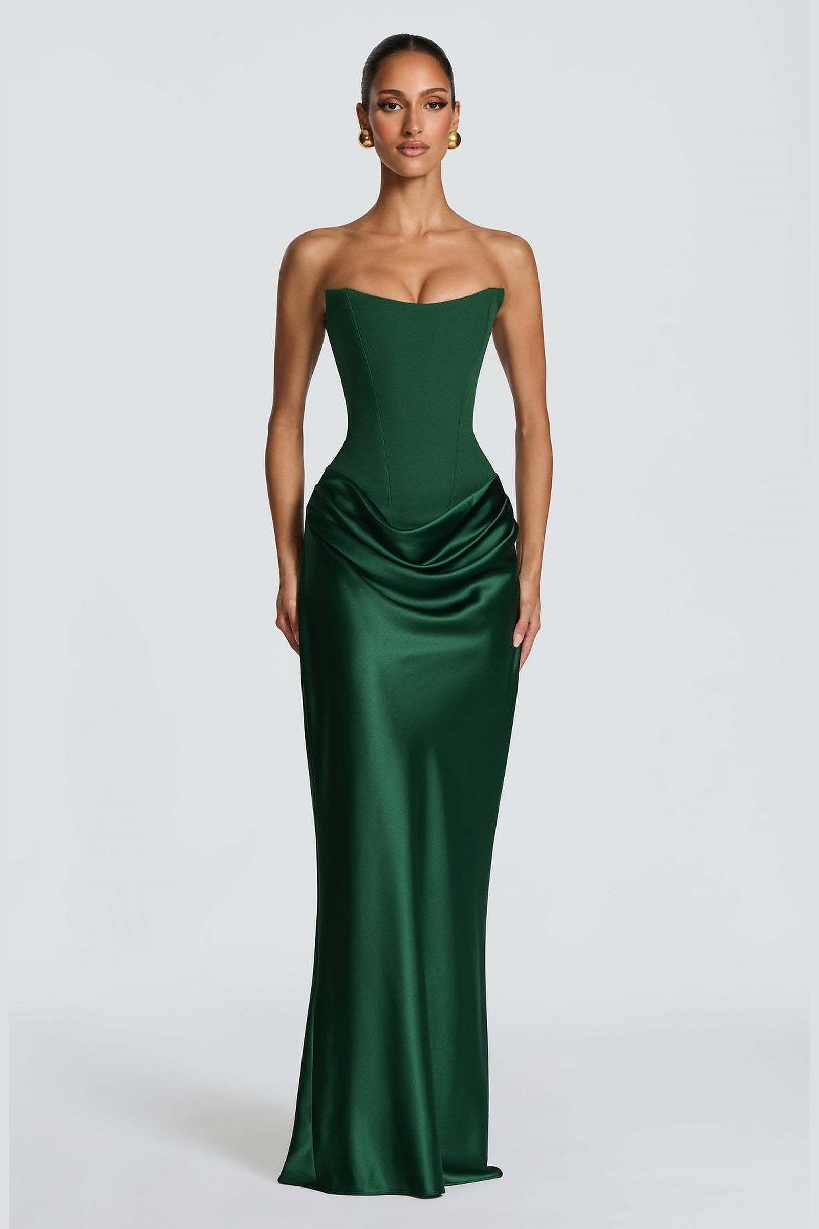 Strapless Draped Column Evening Gown