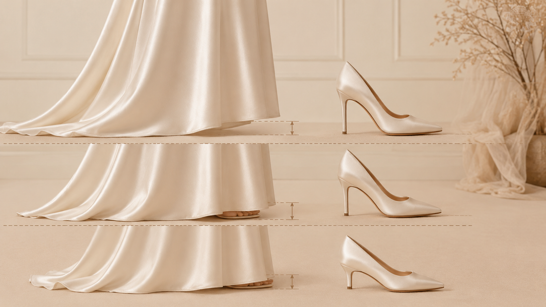 Elegant illustration of floor length evening dress hem near high heels