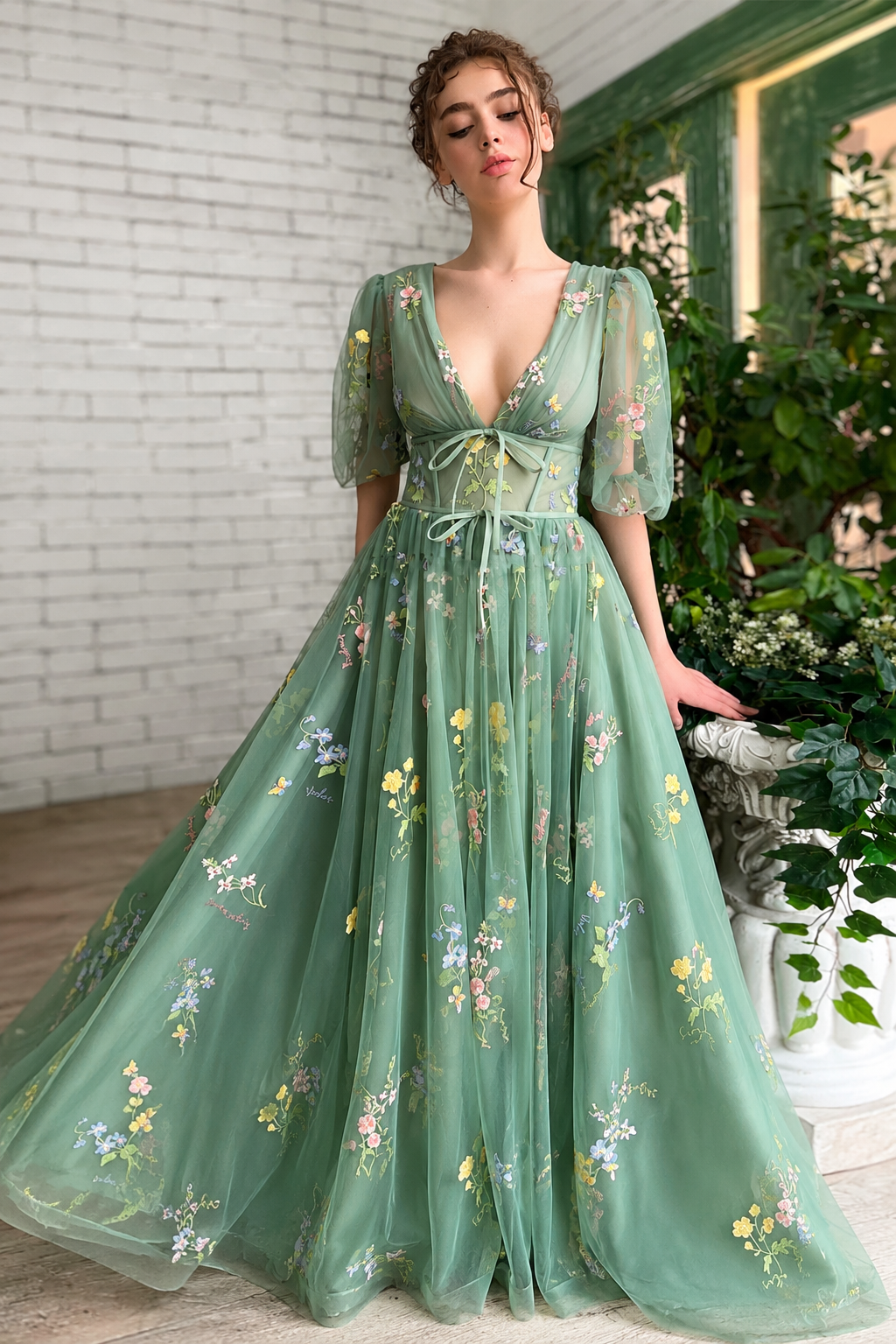 Green Short-Sleeve Floral Formal Dress