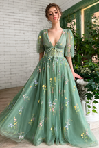 Green Short-Sleeve Floral Formal Dress